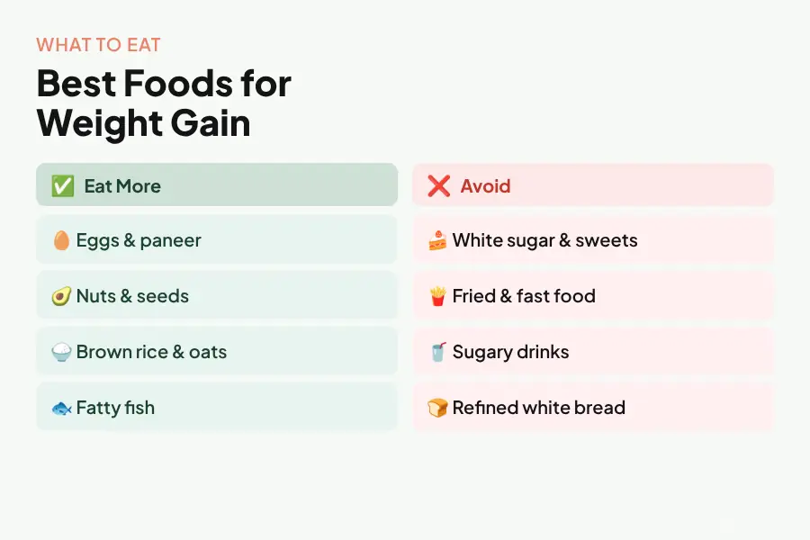 Two-column table showing best foods for weight gain with diabetes: left column lists carbohydrates like oats, sweet potato, brown rice and legumes; right column shows protein and fat sources like eggs, avocado, nuts and olive oil