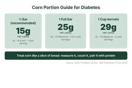 Portion size guide for corn showing safe serving amounts for people with diabetes