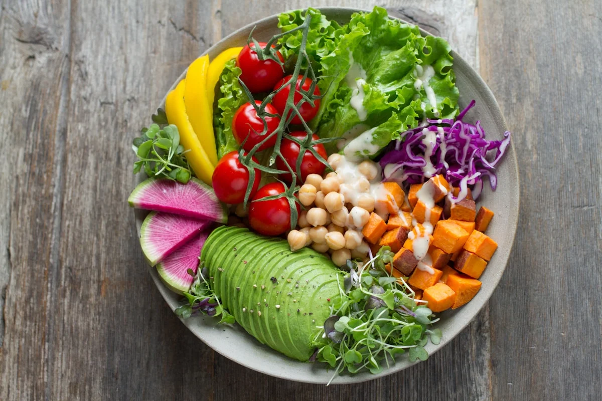 Colourful salad bowl with vegetables, seeds, and legumes for diabetes-friendly nutrition