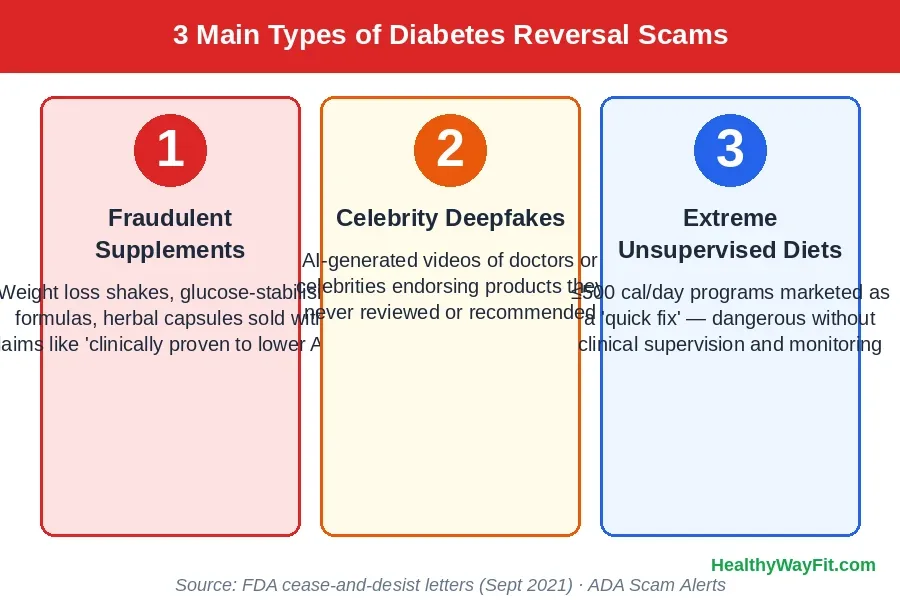 Three main types of diabetes reversal scams: supplements, celebrity deepfakes, unsupervised extreme diets