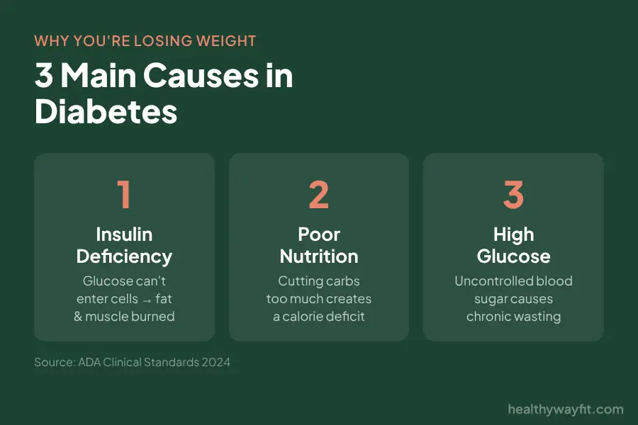 Three common reasons why people with diabetes lose weight: insulin deficiency reducing glucose use, muscle and fat breakdown, and dehydration from high blood sugar