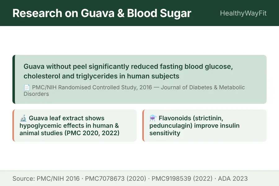 Research callout card summarizing studies on guava and blood sugar showing benefits for type 2 diabetes management