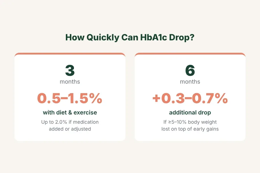 Timeline showing HbA1c improvement milestones: typical 0.5–1.5% drop at 3 months, additional 0.3–0.7% at 6 months with sustained weight loss