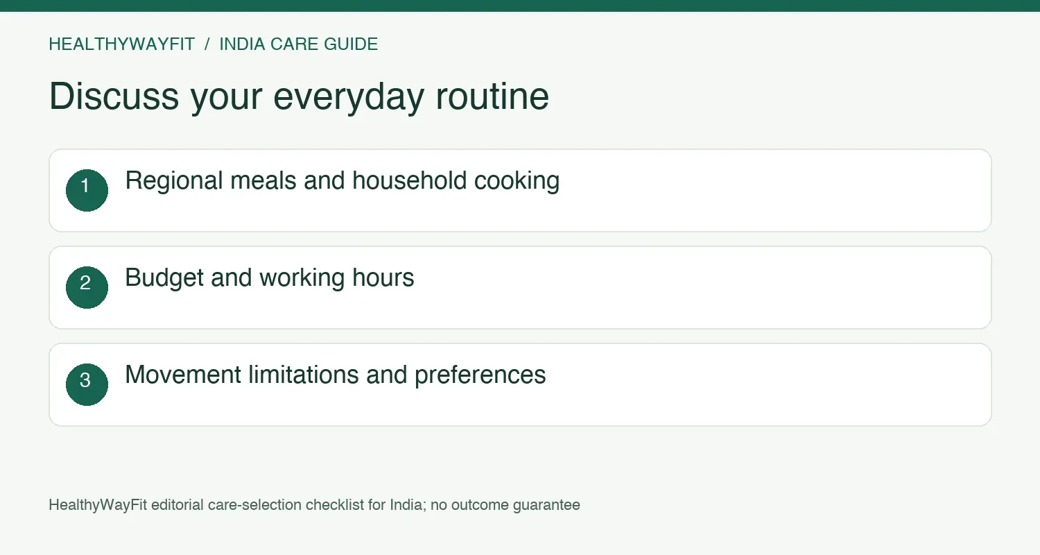 Discuss regional foods, household cooking, budget, work schedules and physical limitations when planning support