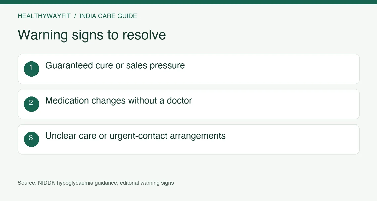 Clinic warning signs include guaranteed cure, unsupervised medication changes, unclear clinical responsibility and pressure to pay
