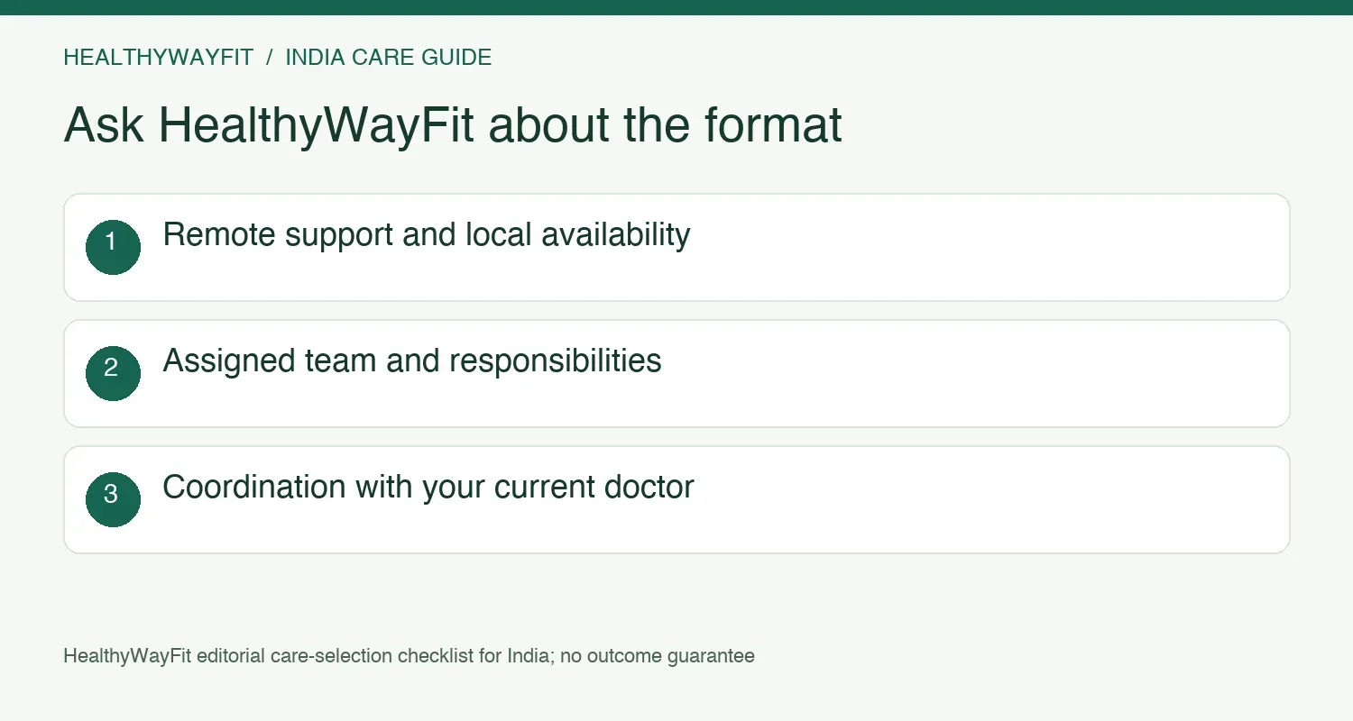 Ask HealthyWayFit about remote support, local availability, assigned clinicians and coordination with your existing doctor