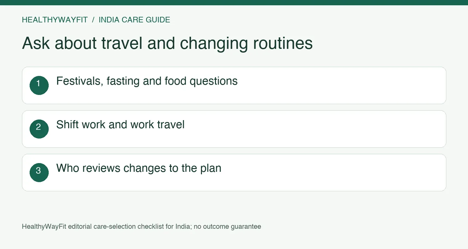 Discuss festivals, fasting, shift work, travel and who reviews changes to your care plan