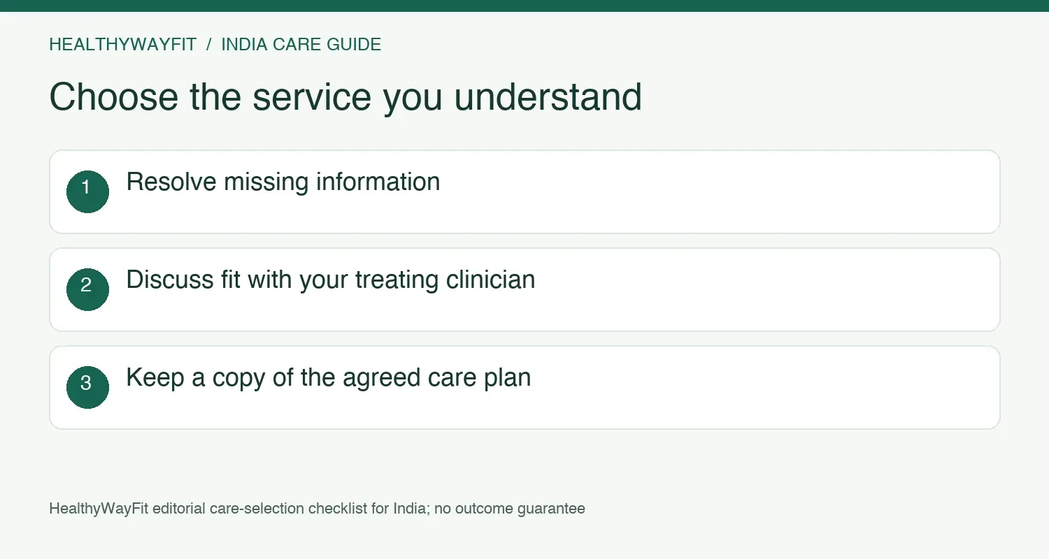Resolve missing details, discuss suitability and retain a copy of the agreed care plan before committing