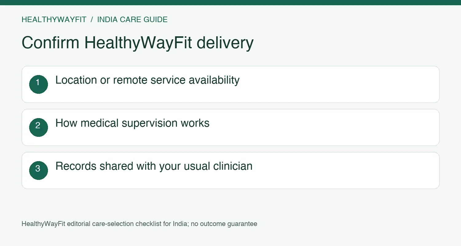 Confirm HealthyWayFit's delivery location or remote format, medical supervision and coordination with your usual clinician