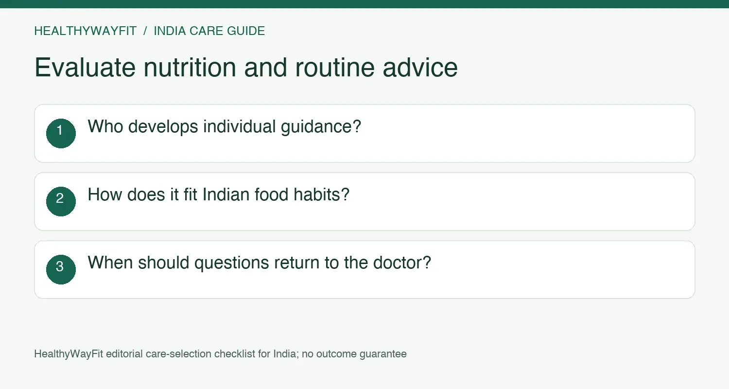 Clarify who develops individual nutrition guidance, adapts it to Indian meals and refers clinical questions to the doctor