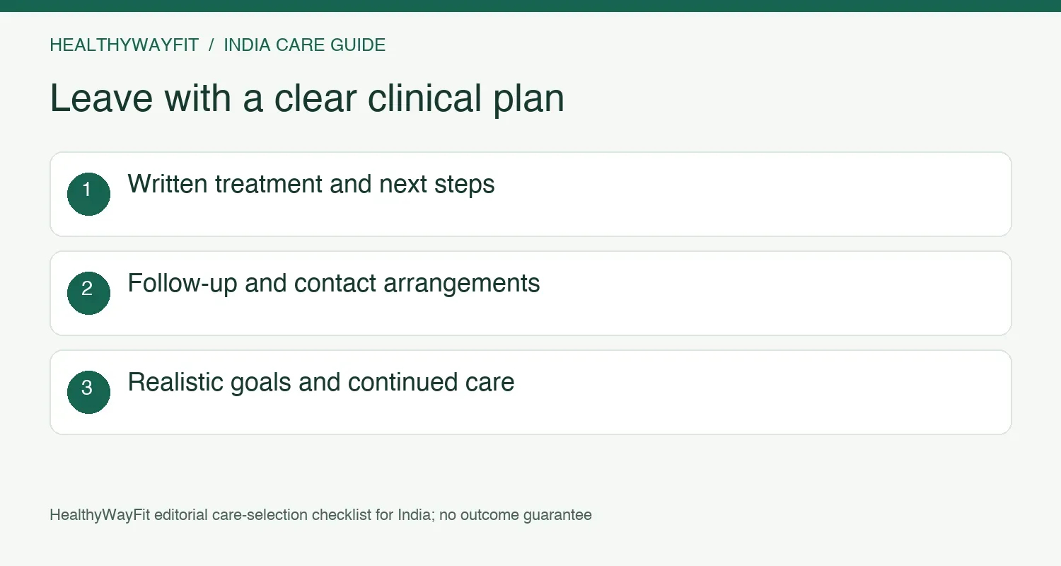 Leave with written treatment, next steps, follow-up contacts and realistic care goals