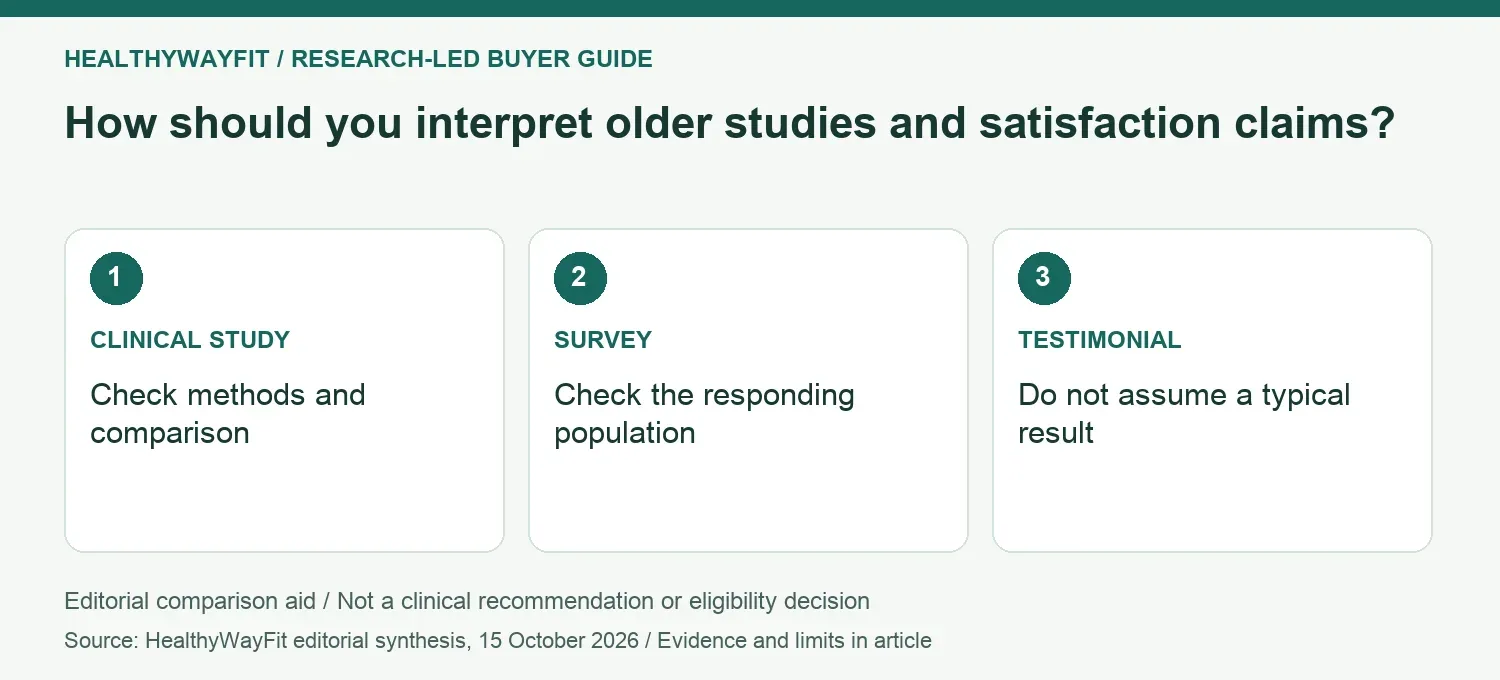 How should you interpret older studies and satisfaction claims? CLINICAL STUDY: Check methods and comparison; SURVEY: Check the responding population; TESTIMONIAL: Do not assume a typical result.