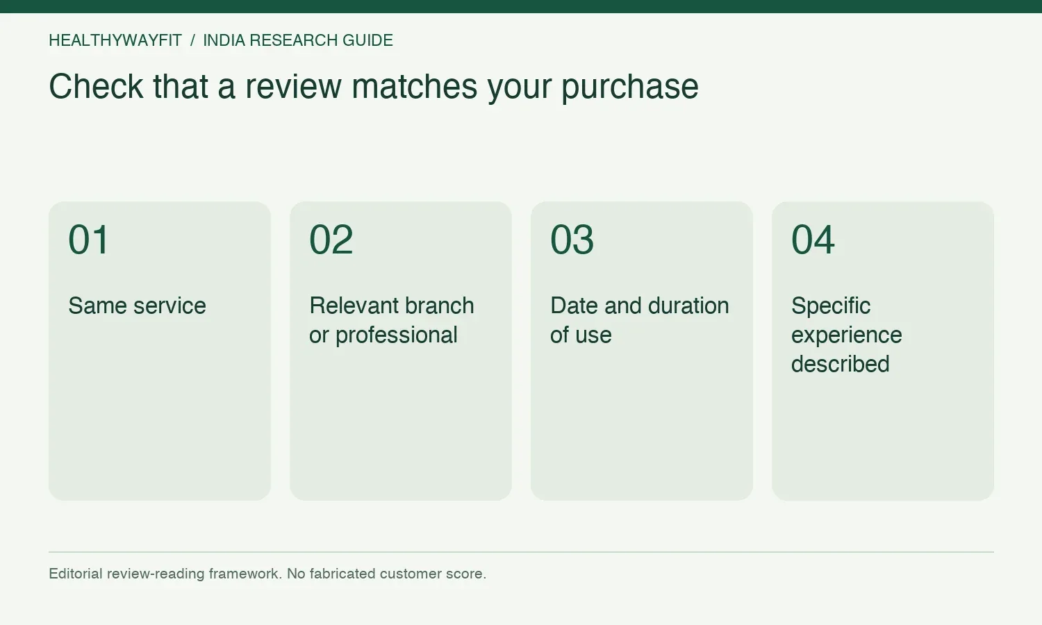 Check that a review matches your purchase. Same service. Relevant branch or professional. Date and duration of use. Specific experience described.