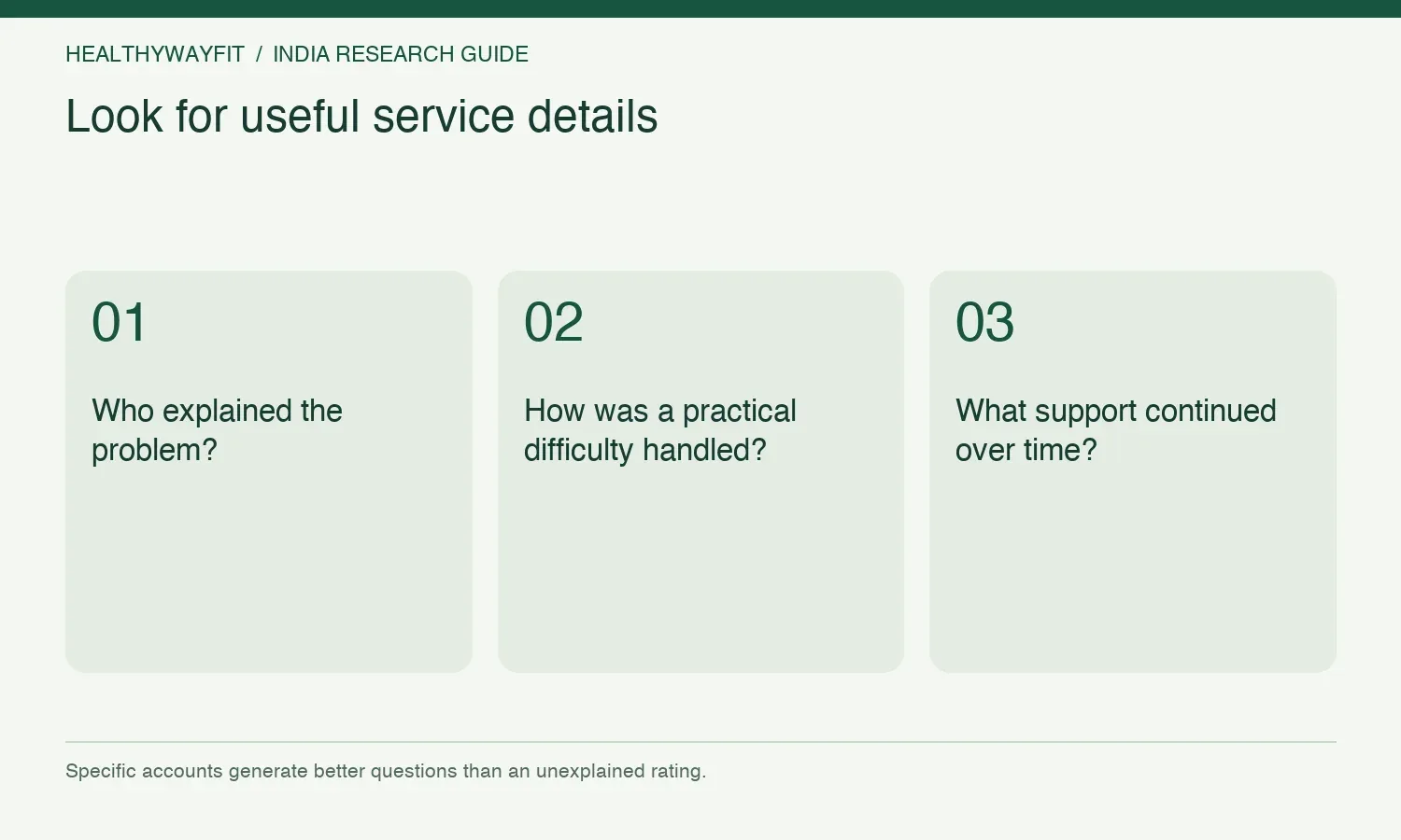 Look for useful service details. Who explained the problem?. How was a practical difficulty handled?. What support continued over time?.