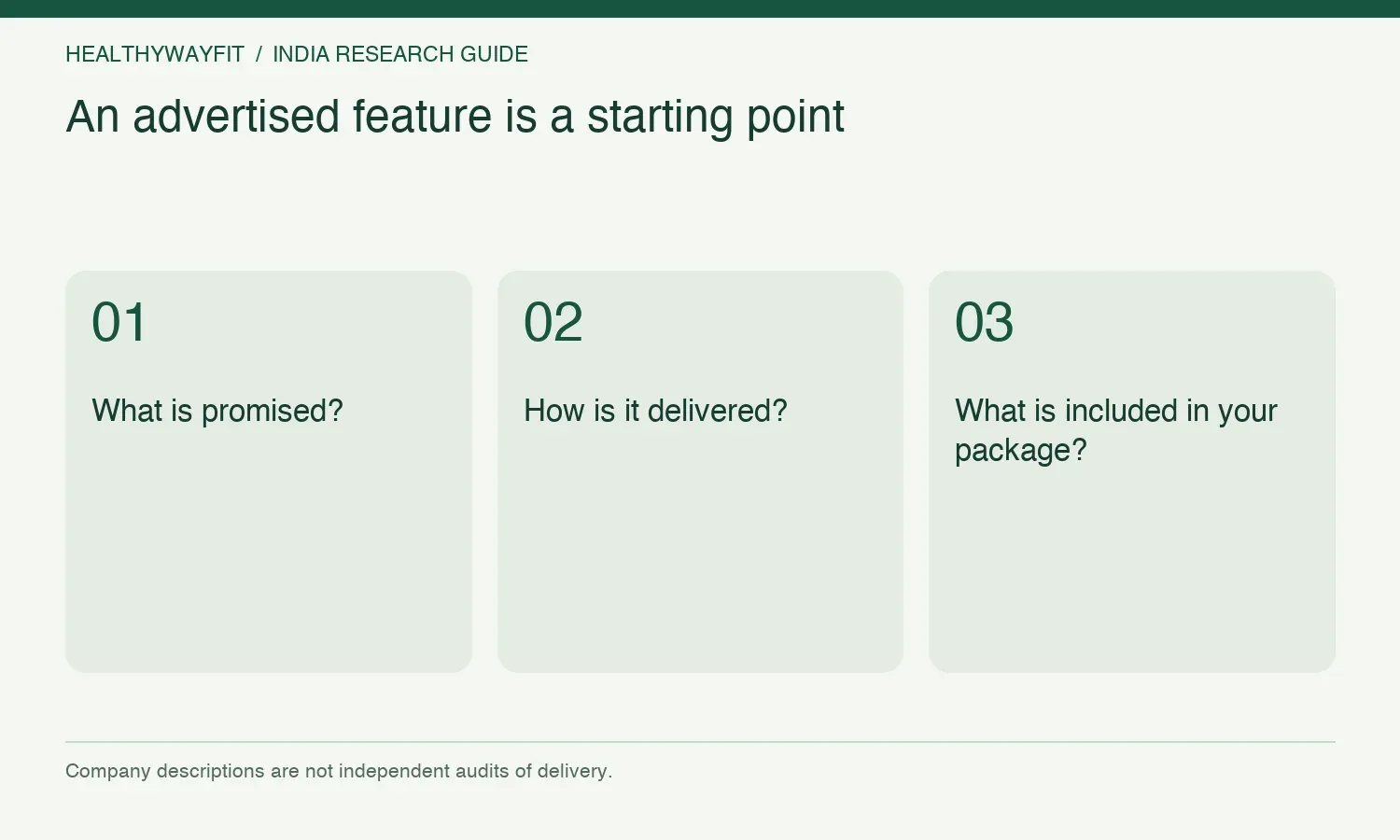An advertised feature is a starting point. What is promised?. How is it delivered?. What is included in your package?.
