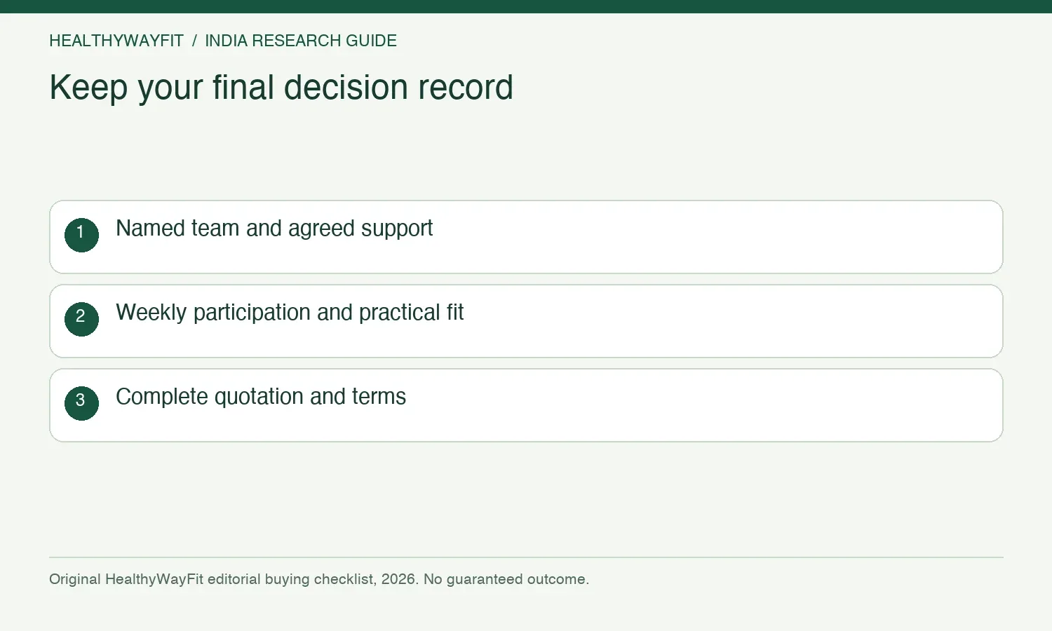 Keep your final decision record. Named team and agreed support. Weekly participation and practical fit. Complete quotation and terms.