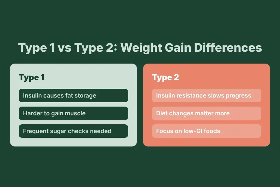 Type 1 vs Type 2 diabetes weight gain differences — side by side comparison